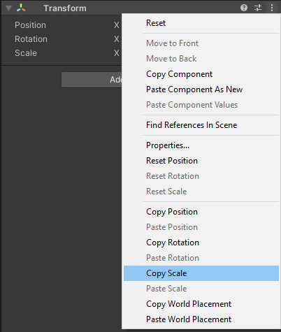 Option de copier/coller du composant propres au composant Transform