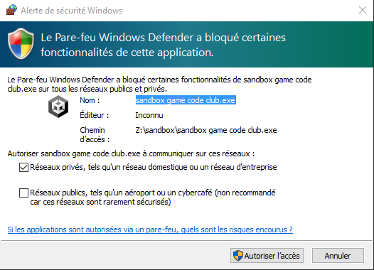 Pop-up demandant l'autorisation