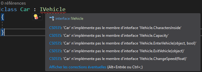 Visual Studio propose d'implémenter lui-même les membres d'interface