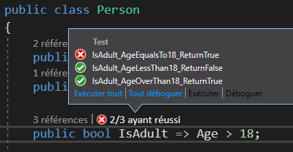 Vision in-line des résultats de test dans Visual Studio