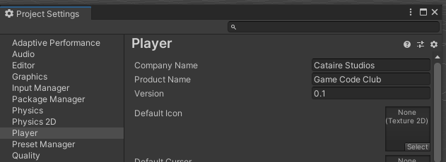 Configuration du Player Unity, l'endroit où modifier « Company Name » et « Product Name »