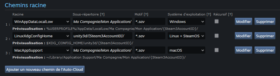 Configuration de sauvegardes, vue générale