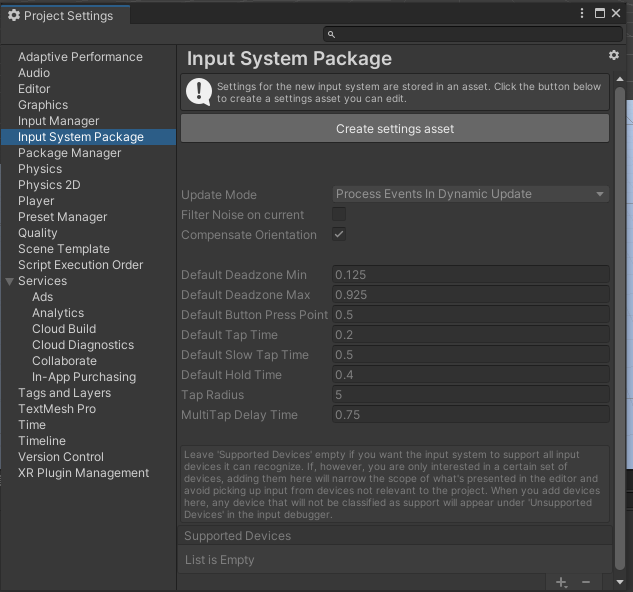 Créer un settings pour l'input system